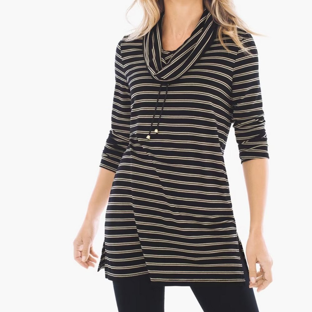 Chico's Zenergy Talia Black & Metallic Gold Striped Cowlneck Tunic Top sz. 3, XL